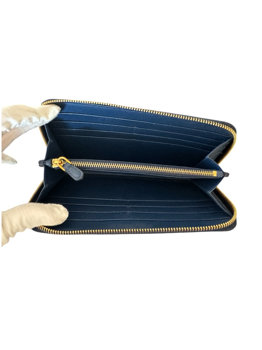 Excellent Blue Prada Zip-Around Wallet with Gold Accents - Picture 11 of 11